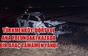 Türkmenköy-Dörtyol ana yolundaki kazada bir araç tamamen yandı