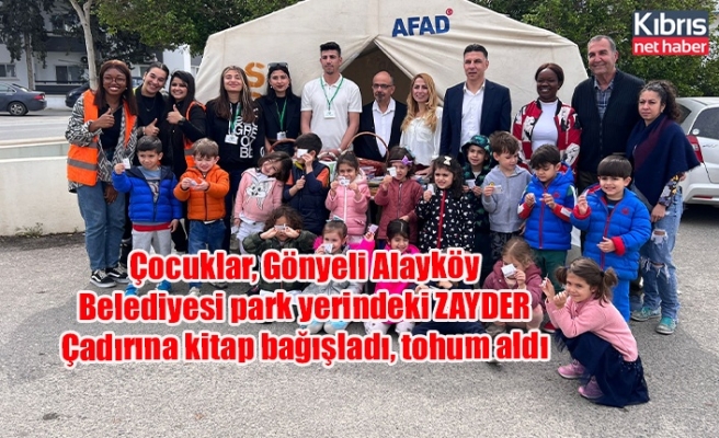 Çocuklar, Gönyeli Alayköy Belediyesi park yerindeki ZAYDER Çadırına kitap bağışladı, tohum aldı